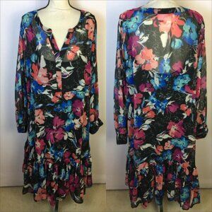 Woman Within Midi Layered Dress 24W Womans Black Floral Long Sleeve Ruffle Hem